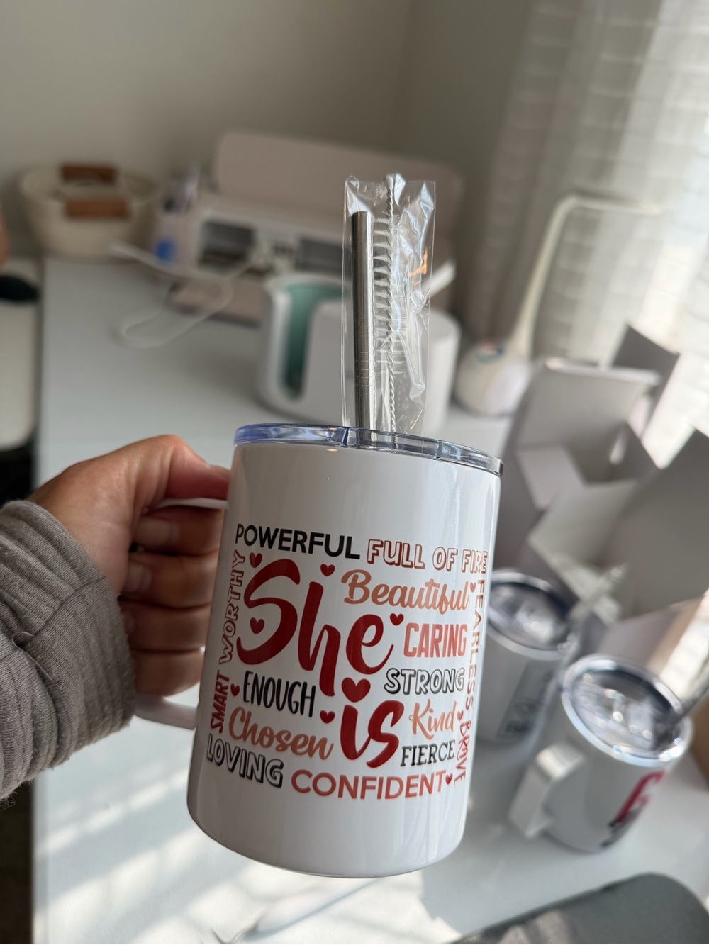 She Is Inspirational White Stainless Steel 12 oz Tumbler with Straw